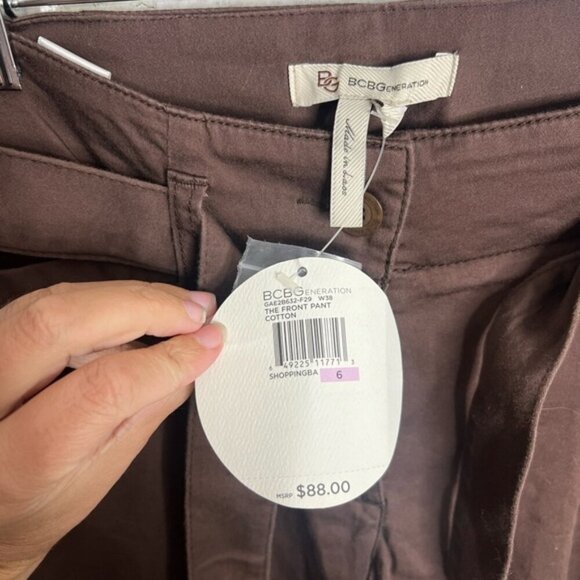 BCBGeneration flare-leg pants brown front pant cotton tie belt NWT size 6 - Picture 4 of 8